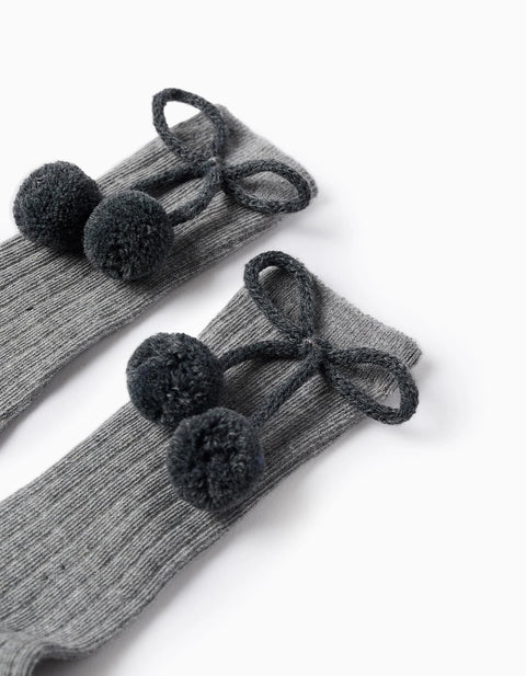 High Socks with Pompons for Baby Girls, Grey