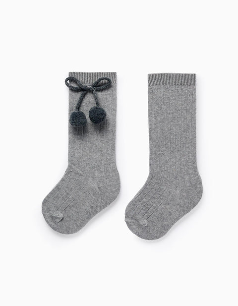High Socks with Pompons for Baby Girls, Grey