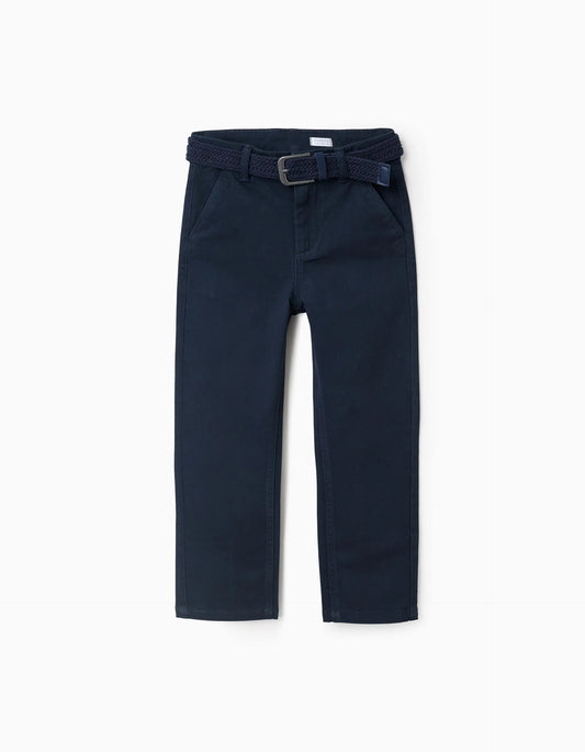 Twill Chino Trousers with Belt for Boys 'Straight Fit', Blue