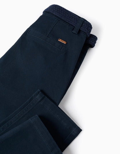 Twill Chino Trousers with Belt for Boys 'Straight Fit', Blue