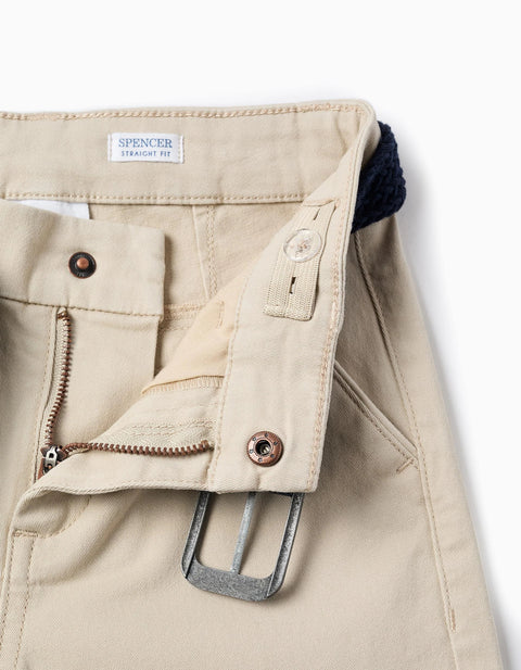 Twill Chino Trousers with Belt for Boys 'Straight Fit', Beige