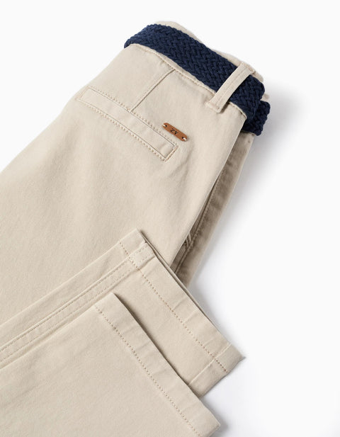 Twill Chino Trousers with Belt for Boys 'Straight Fit', Beige