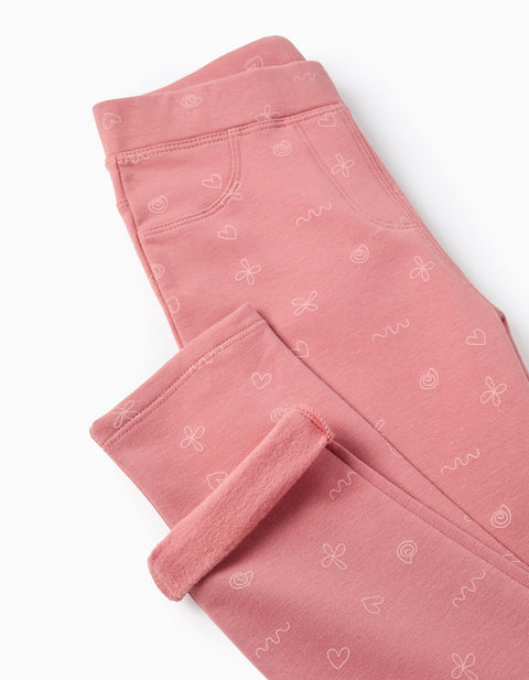 Brushed Jeggings with Motif for Girls, Pink