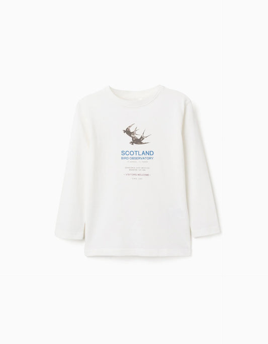 Long Sleeve Cotton T-shirt 'Bird Observatory' for Boys, White