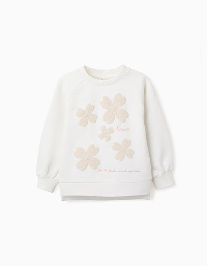 Brushed Sweatshirt with Embossed Flowers for Girls, White