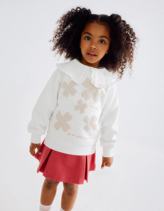 Brushed Sweatshirt with Embossed Flowers for Girls, White