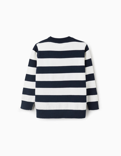 Fine Knit Striped Jumper for Boys, White/Dark Blue