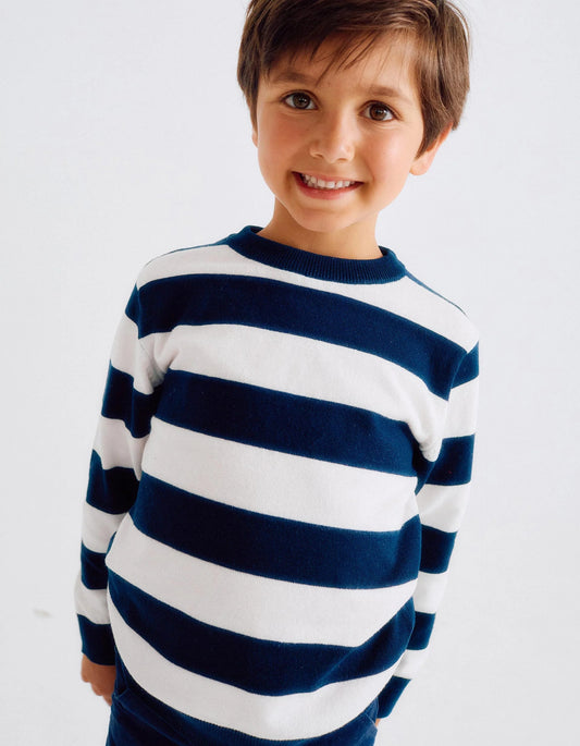 Fine Knit Striped Jumper for Boys, White/Dark Blue