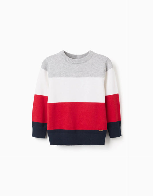 Striped knit jumper for boys, grey/white/red/blue