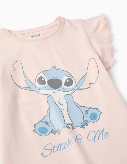 Cotton T-Shirt with Ruffles for Girls ‘Stitch’, Light Pink