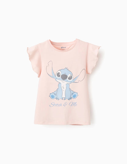Cotton T-Shirt with Ruffles for Girls ‘Stitch’, Light Pink