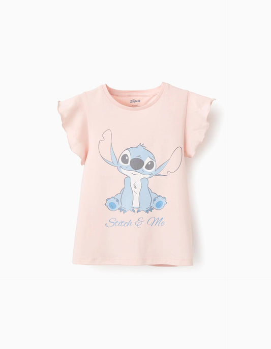 Cotton T-Shirt with Ruffles for Girls ‘Stitch’, Light Pink
