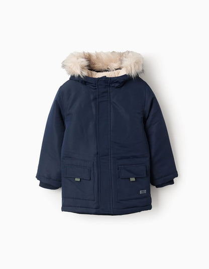Padded Parka with Removable Fur Hood for Boys, Blue