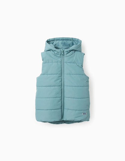 Padded Gilet with Hood for Boys, Aqua Green