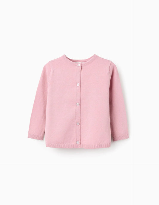 Round Neck Knit Cardigan for Baby Girls, Pink