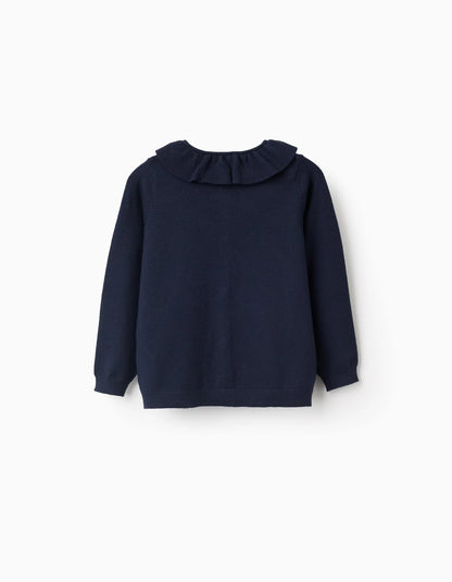 Fine Knit Cardigan with Ruffles for Girls, Dark Blue