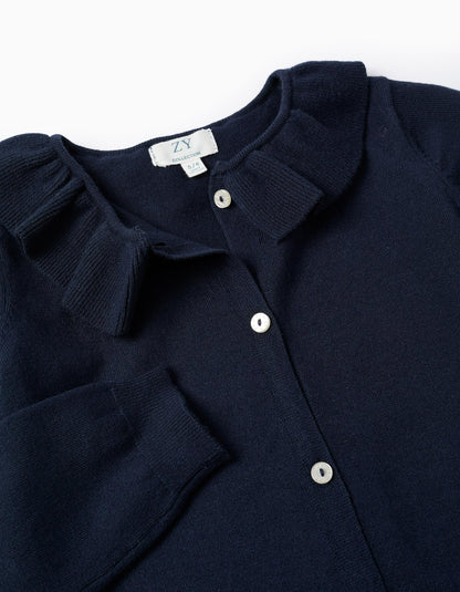 Fine Knit Cardigan with Ruffles for Girls, Dark Blue