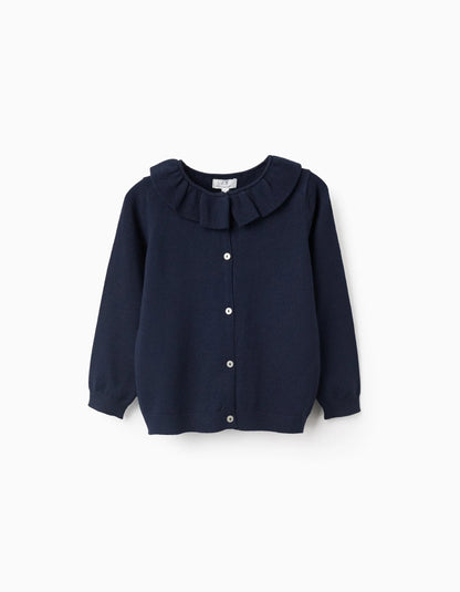 Fine Knit Cardigan with Ruffles for Girls, Dark Blue