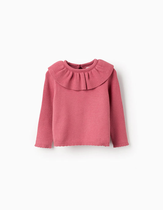 Knitted Cardigan with Ruffle Collar for Newborn Girls, Pink