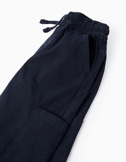 Cargo Trousers with Elasticated Waist and Drawstring for Boys, Dark Blue