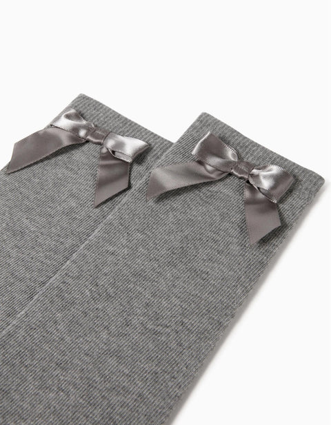 High Socks with Satin Bow for Girls, Grey