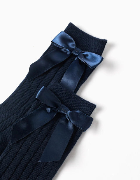 Ribbed Knee High Socks with Bow for Baby Girls, Dark Blue