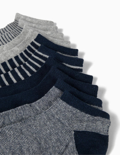 Pack of 5 Pairs of Plain/Striped Ankle Socks for Boys, Blue/Grey