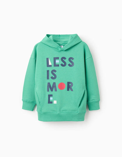 Cotton Hooded Sweatshirt with Print for Boys 'Less is More', Green