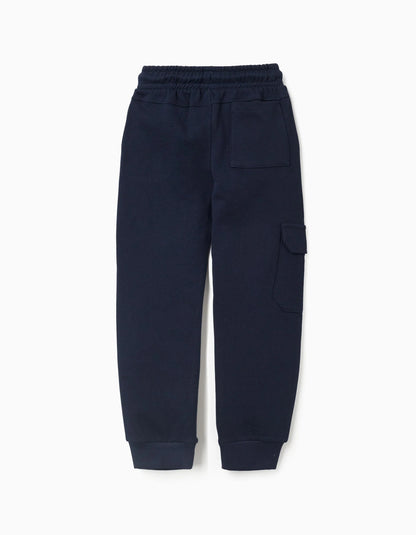Cotton joggers with print and cargo pocket for boys, dark blue