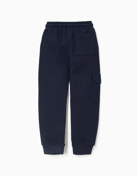 Cotton joggers with print and cargo pocket for boys, dark blue
