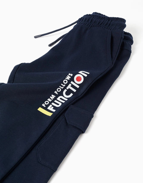 Cotton joggers with print and cargo pocket for boys, dark blue