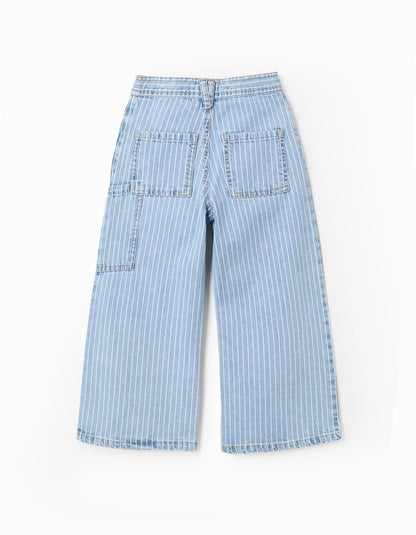 Striped Jeans + Pompom Hair Bobble for Girls, Blue