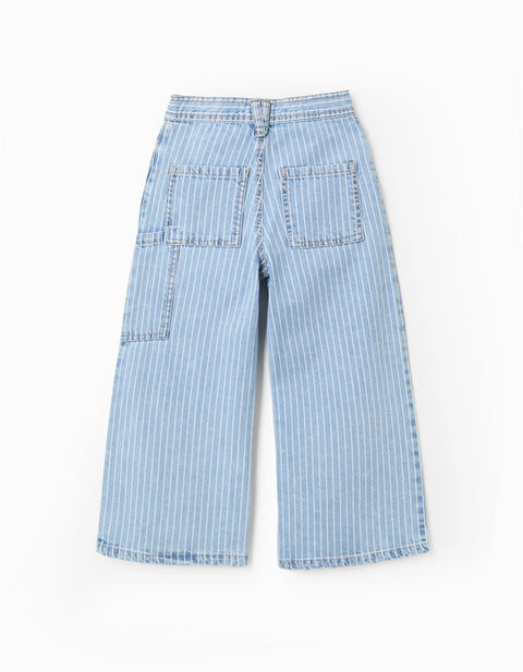 Striped Jeans + Pompom Hair Bobble for Girls, Blue