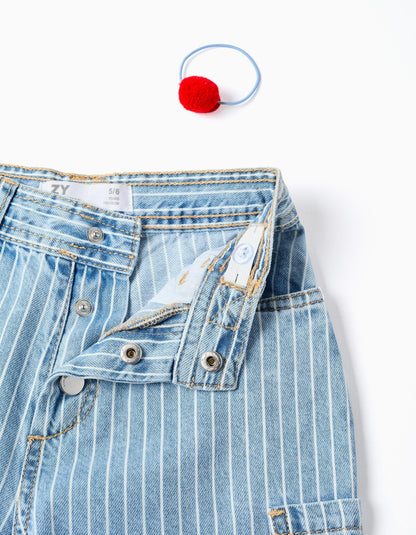 Striped Jeans + Pompom Hair Bobble for Girls, Blue