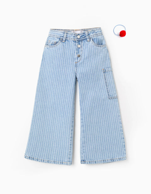 Striped Jeans + Pompom Hair Bobble for Girls, Blue