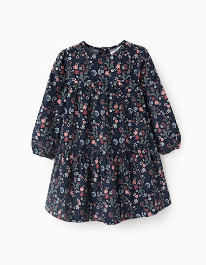 Floral Corduroy Cotton Dress for Girls 'B&S', Blue