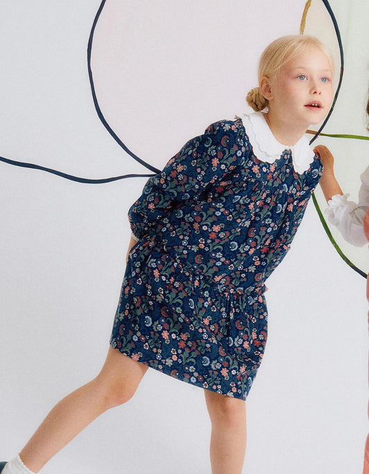 Floral Corduroy Cotton Dress for Girls 'B&S', Blue