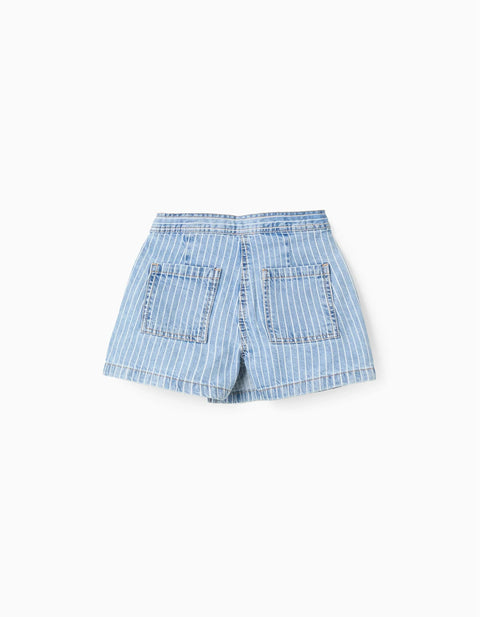 Striped Denim Skort + Pompom Bobble for Girls, Blue