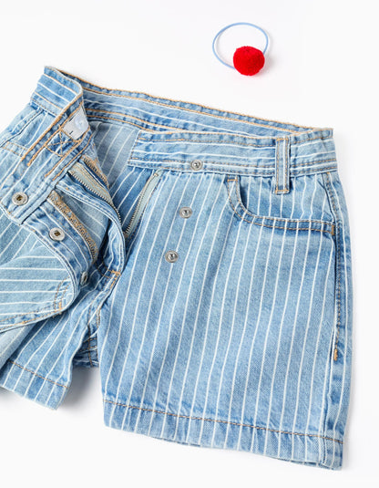 Striped Denim Skort + Pompom Bobble for Girls, Blue