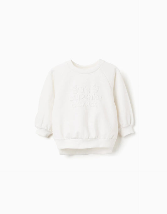 Cotton Sweatshirt Embossed Cupcake Print for Baby Girls, White