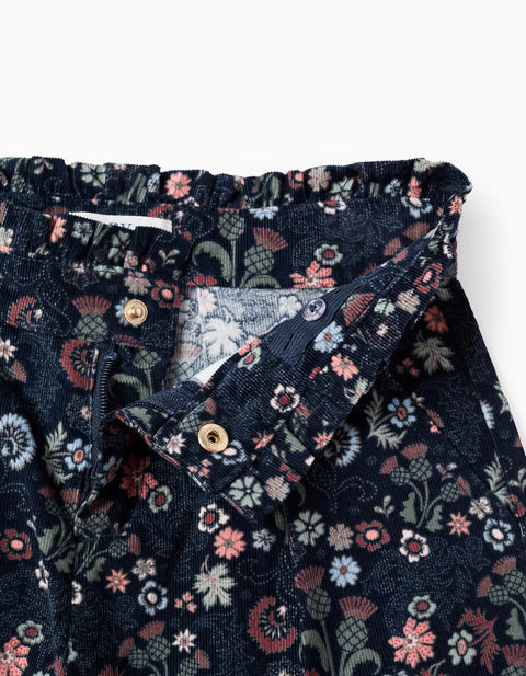 Corduroy Floral Shorts for Girls, Dark Blue