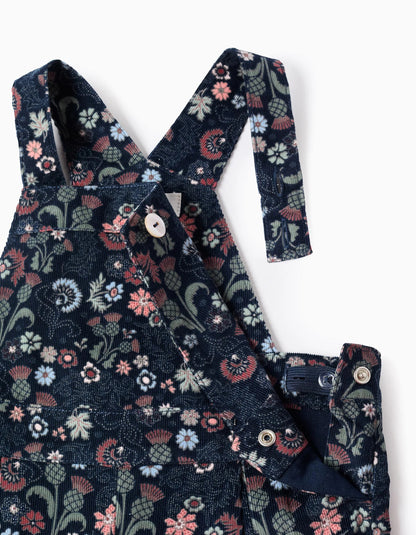 Floral Corduroy Dungarees for Baby Girls, Dark Blue
