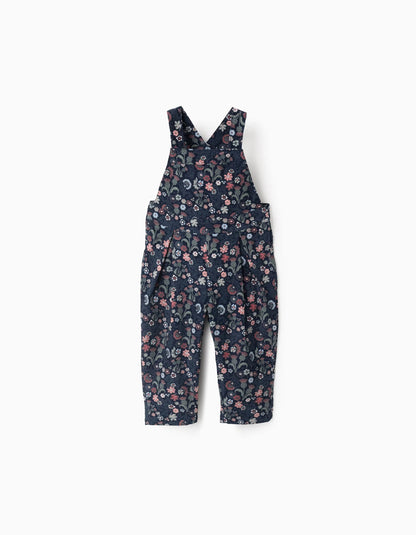 Floral Corduroy Dungarees for Baby Girls, Dark Blue