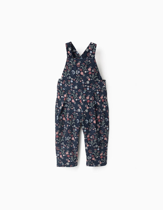Floral Corduroy Dungarees for Baby Girls, Dark Blue