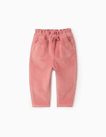 Corduroy Trousers with Paperbag Waist for Baby Girls, Pink