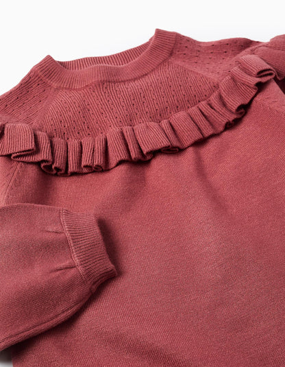Knitted Jumper with Ruffles for Girls, Burgundy