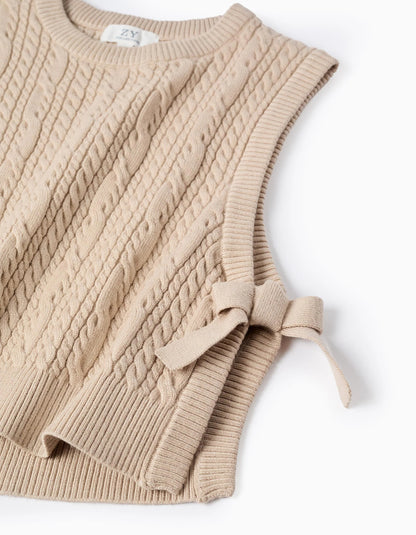 Knitted Waistcoat with Bows for Girls, Beige