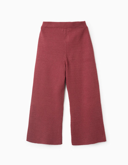 Wide Leg Openwork Knit Trousers for Girls, Burgundy