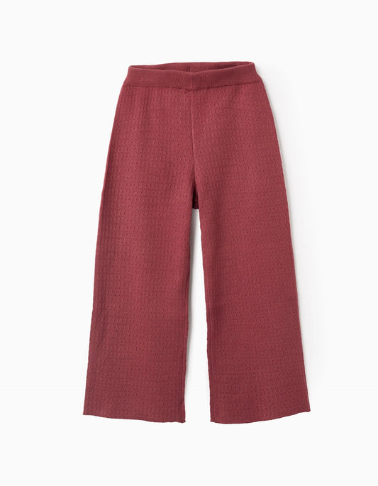 Wide Leg Openwork Knit Trousers for Girls, Burgundy