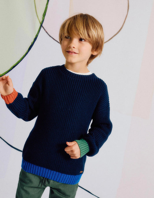 Knitted Jumper with Colourful Details for Boys, Dark Blue